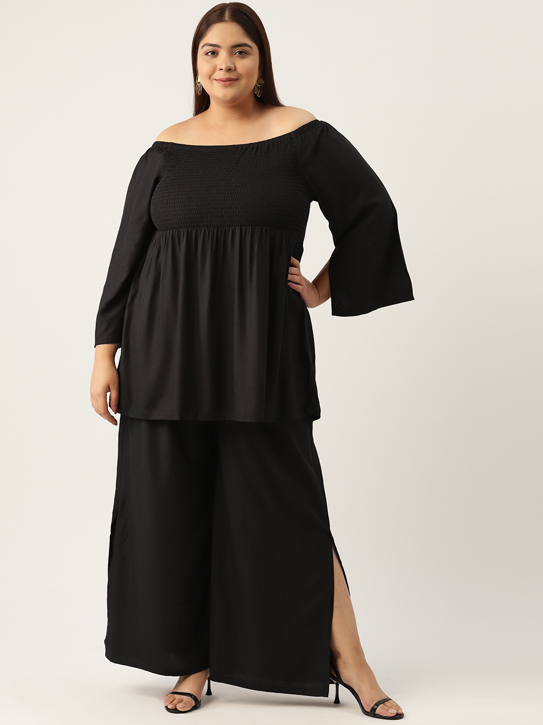 

theRebelinme Plus Size Off-Shoulder Sleeves Smocked Top with Palazzos, Black