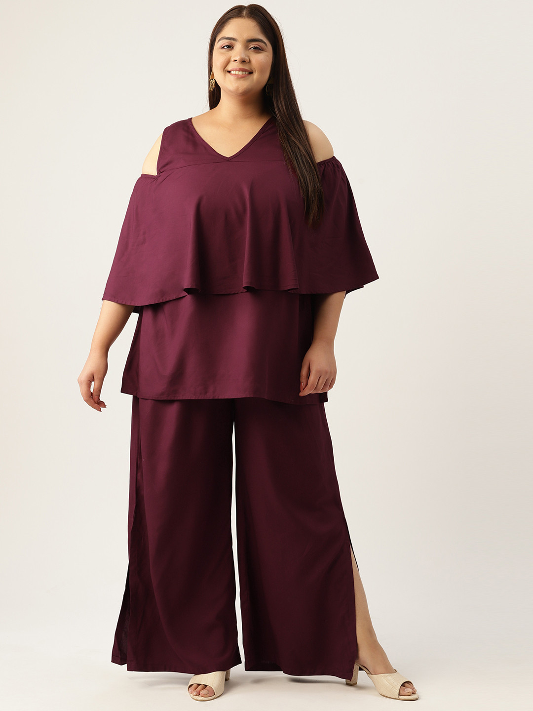 

theRebelinme Plus Size Cold-Shoulder Sleeves Longline Top with Palazzos, Burgundy