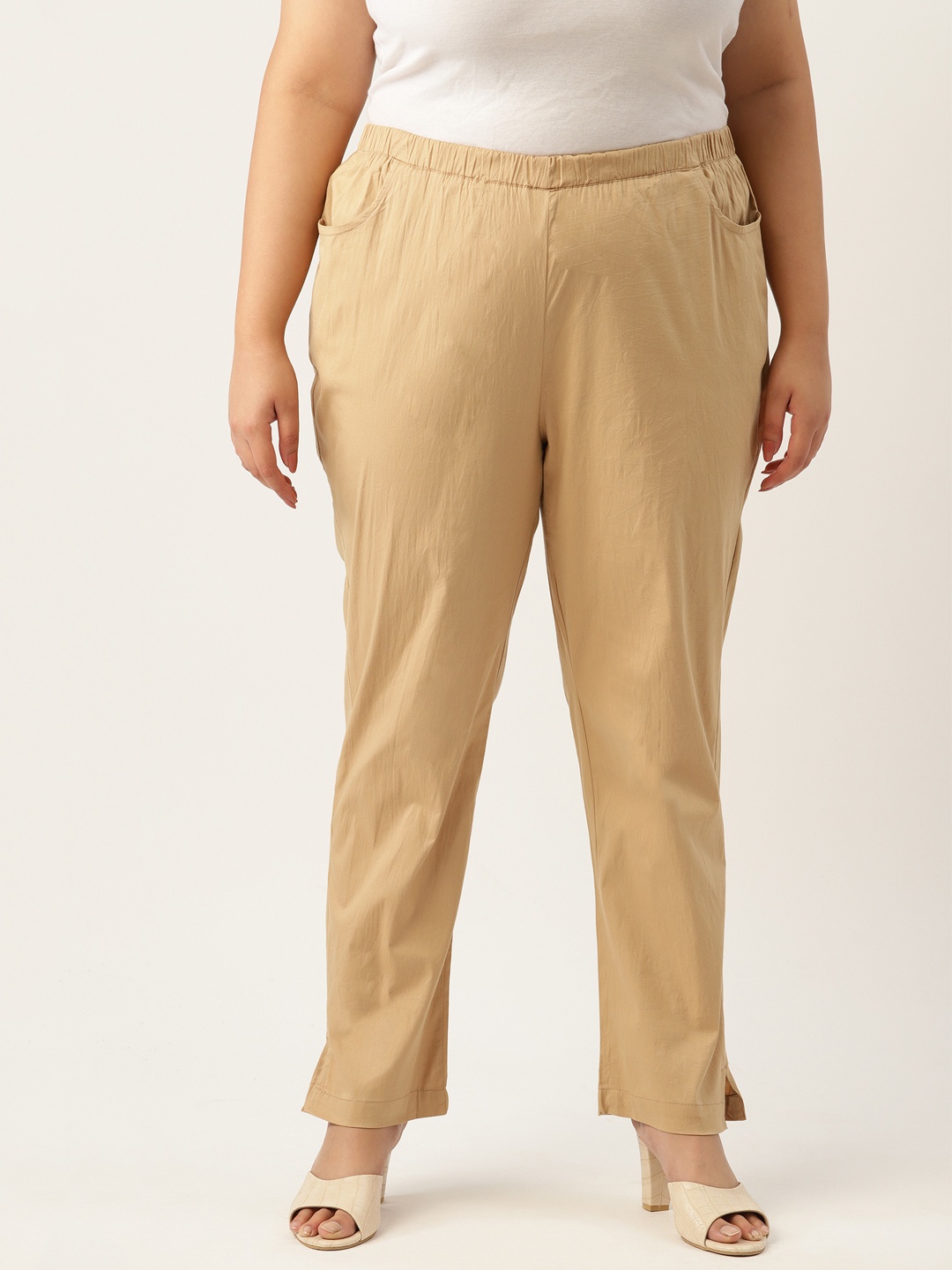 

theRebelinme Women Plus Size Relaxed High-Rise Trousers, Beige