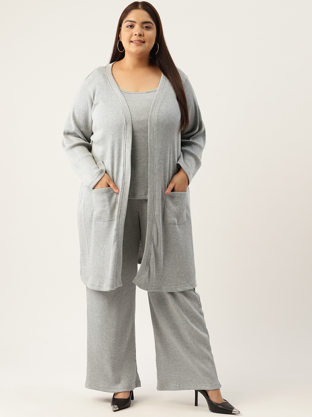 

theRebelinme Plus Size Pure Cotton Top with Trousers & Shrug, Grey