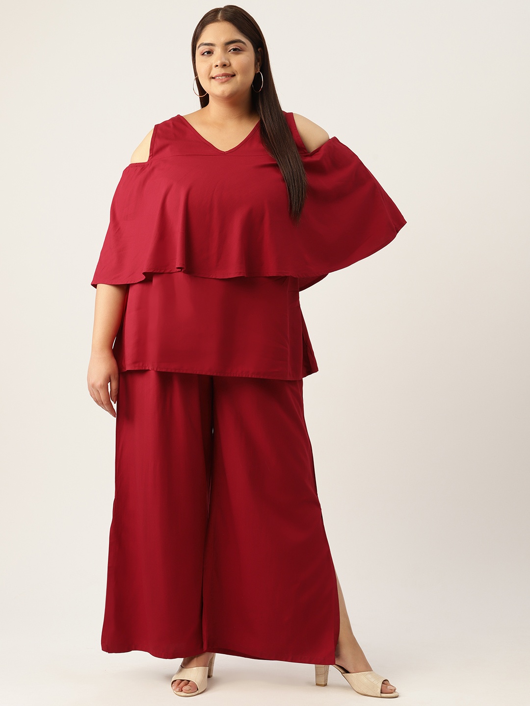 

theRebelinme Plus Size Cold-Shoulder Sleeves Longline Top with Palazzos, Maroon