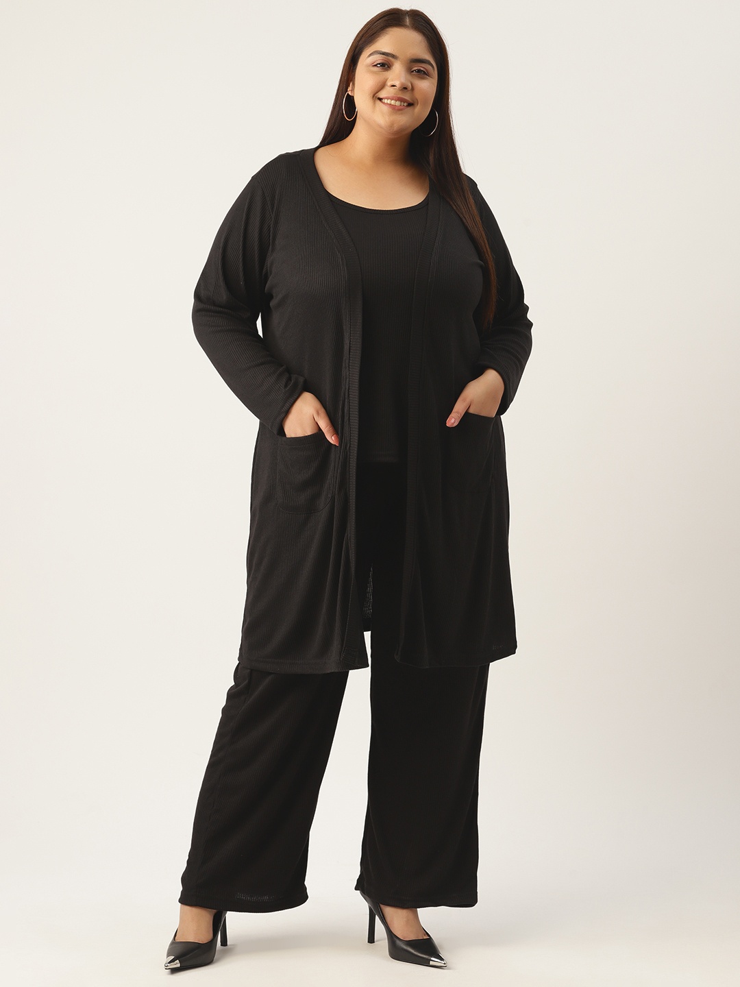 

theRebelinme Plus Size Pure Cotton Top with Trousers & Shrug, Black