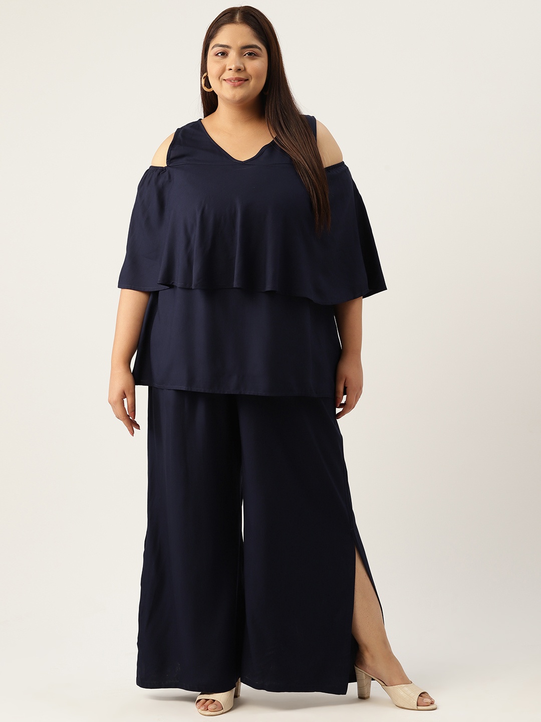 

theRebelinme Plus Size Cold-Shoulder Sleeves Longline Top with Palazzos, Navy blue