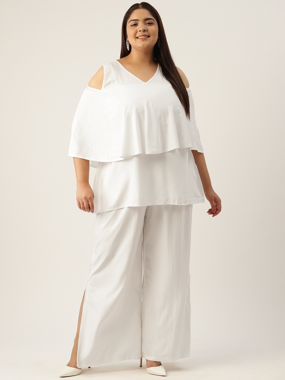 

theRebelinme Plus Size Cold-Shoulder Sleeves Longline Top with Palazzos, White