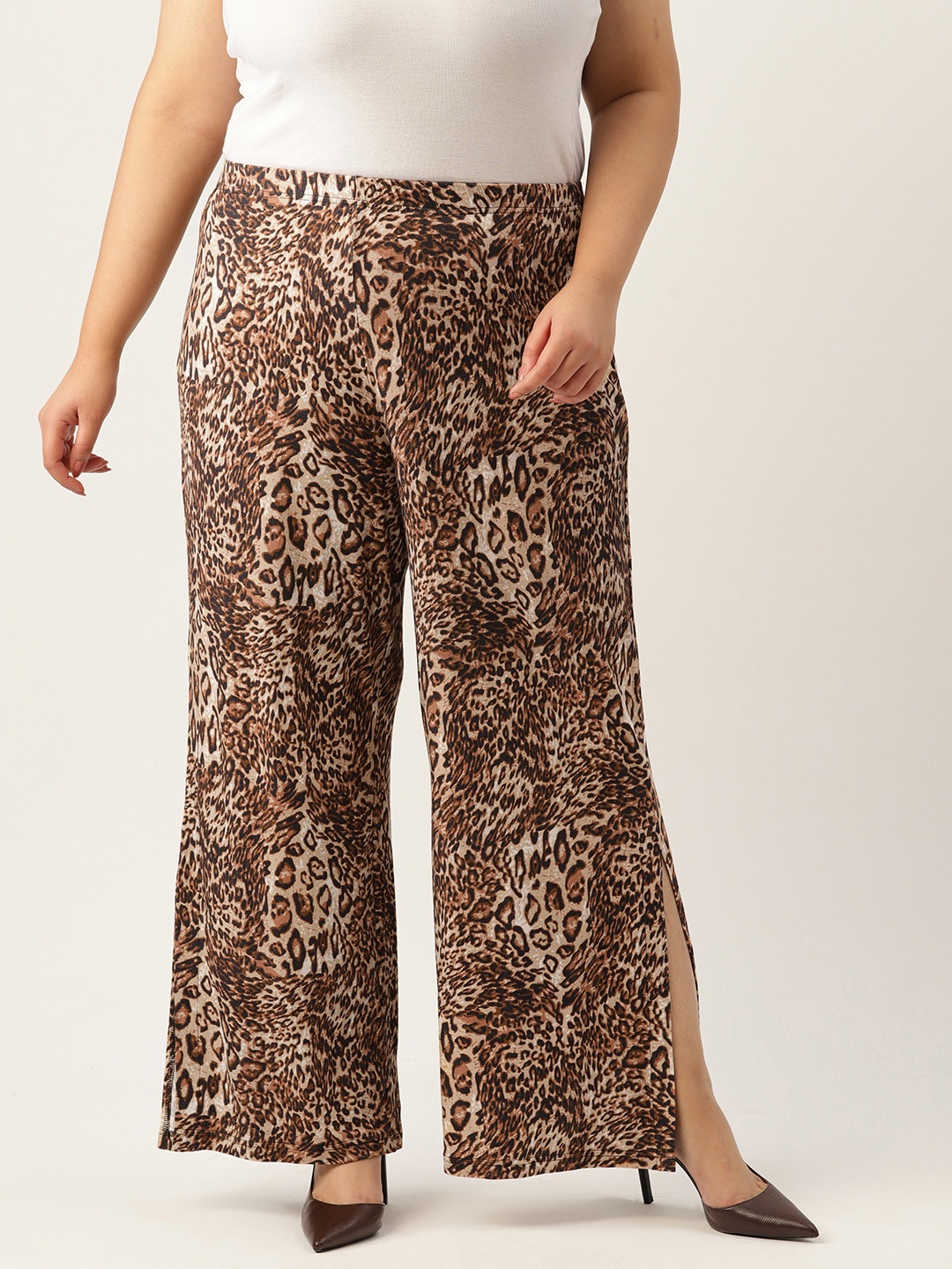 

theRebelinme Women Mid-Rise Animal Printed Wide Leg Plus Size Palazzos, Beige