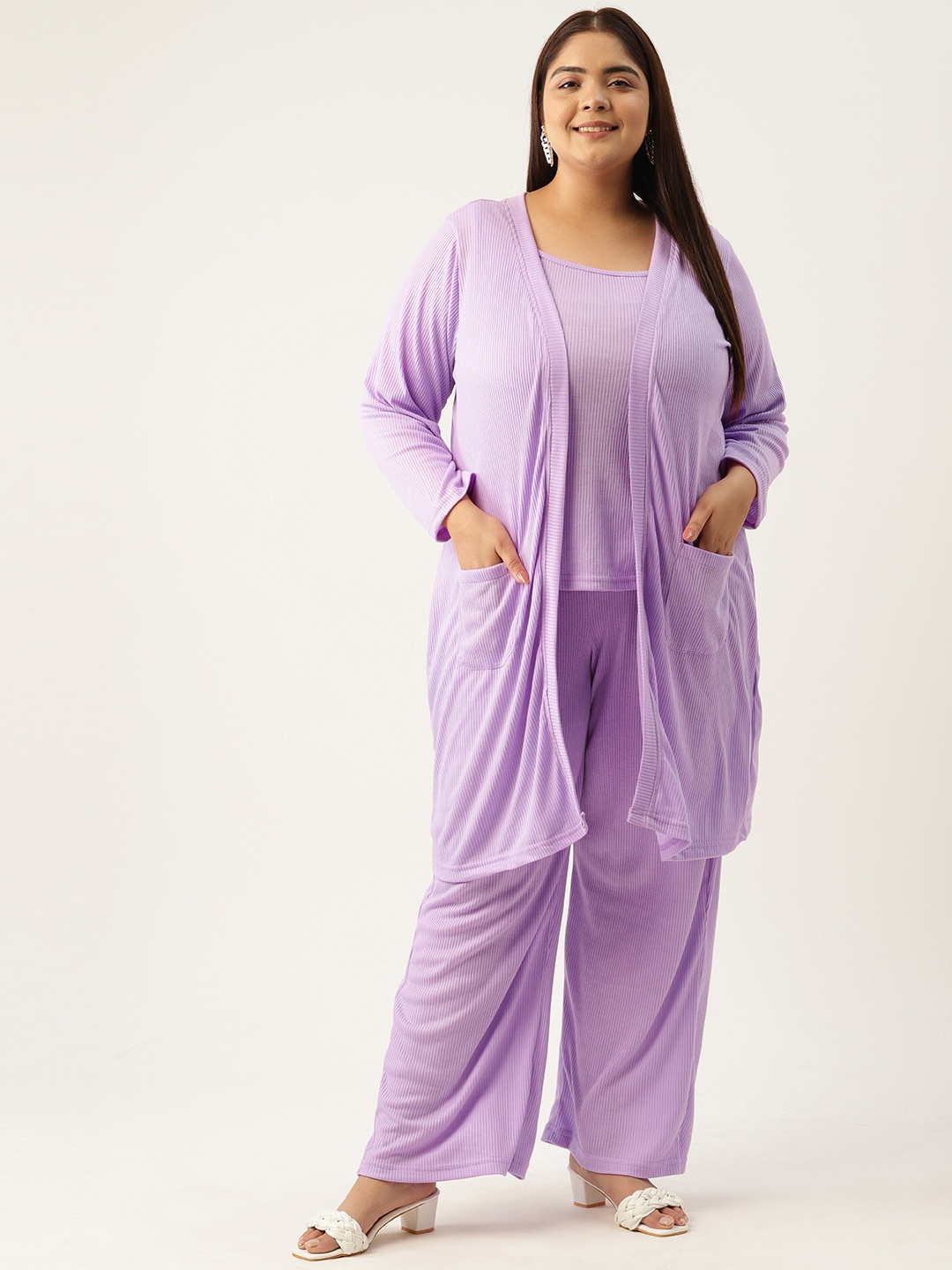 

theRebelinme Plus Size Pure Cotton Top with Trousers & Shrug, Lavender