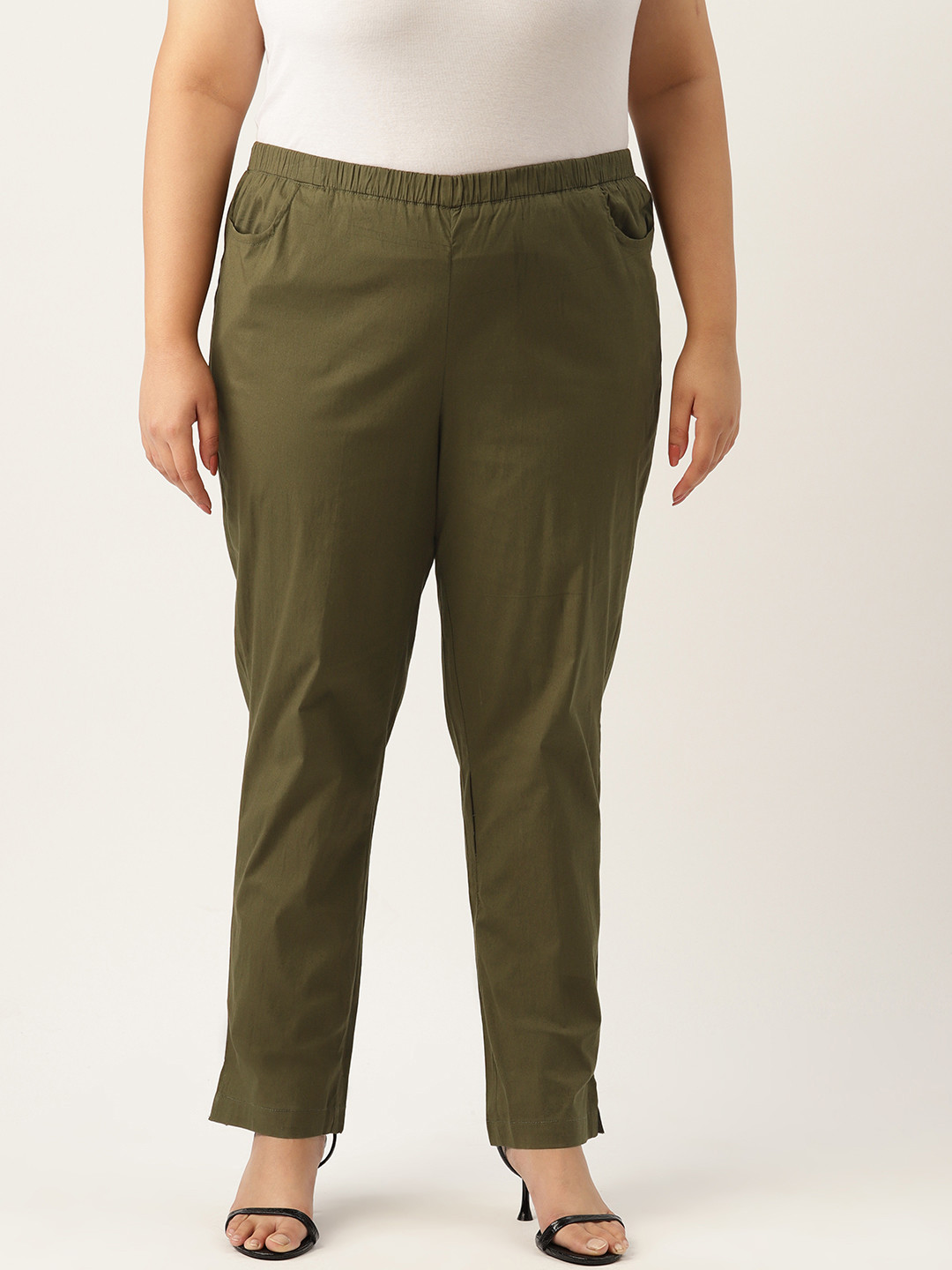 

theRebelinme Women Plus Size Relaxed High-Rise Trousers, Olive