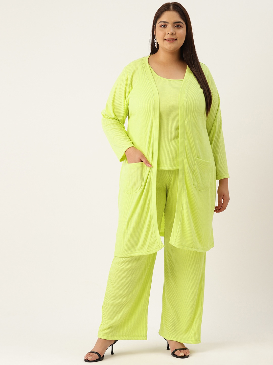 

theRebelinme Plus Size Pure Cotton Top with Trousers & Shrug, Lime green