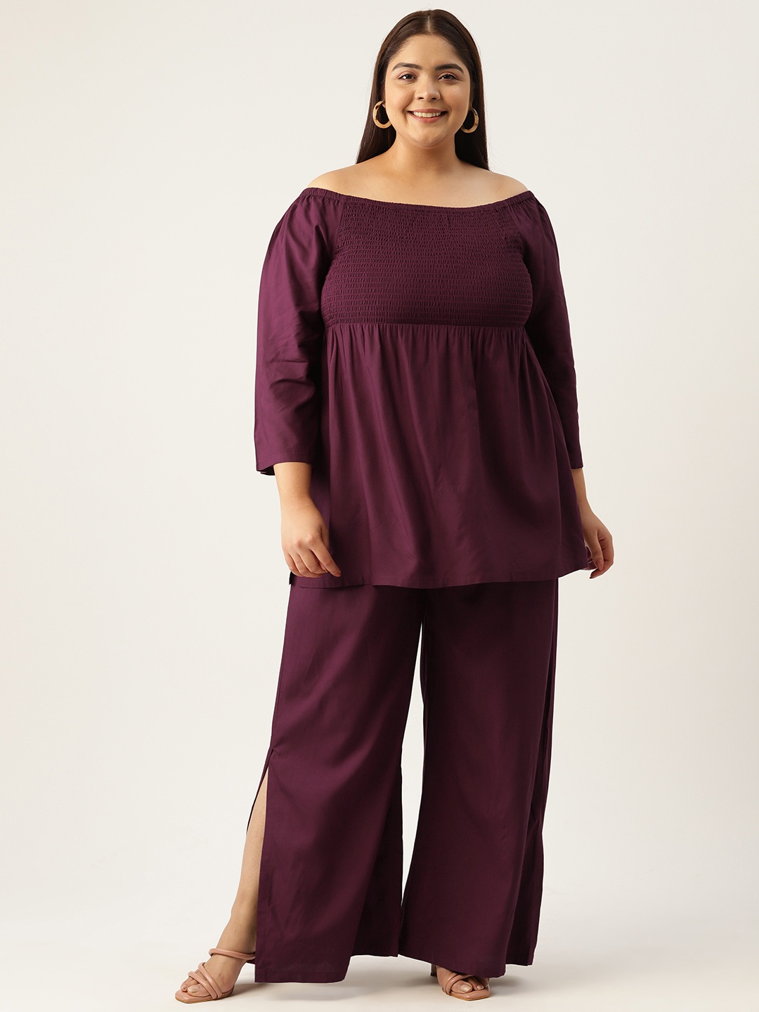 

theRebelinme Plus Size Off-Shoulder Sleeves Smocked Top with Palazzos, Burgundy