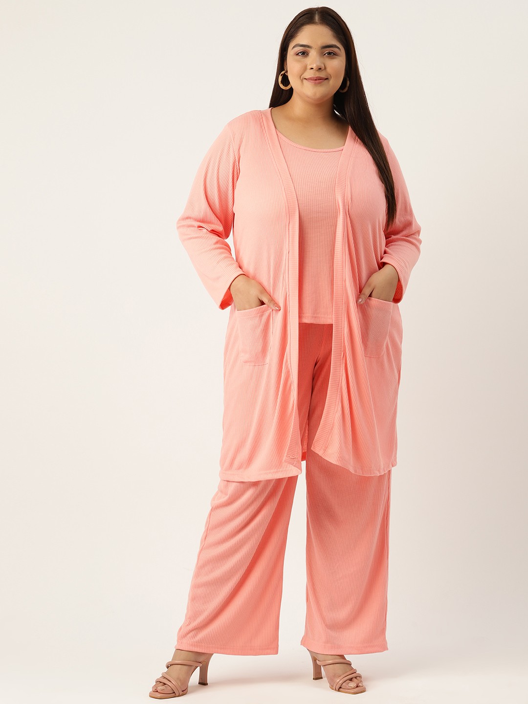 

theRebelinme Plus Size Pure Cotton Top with Trousers & Shrug, Peach
