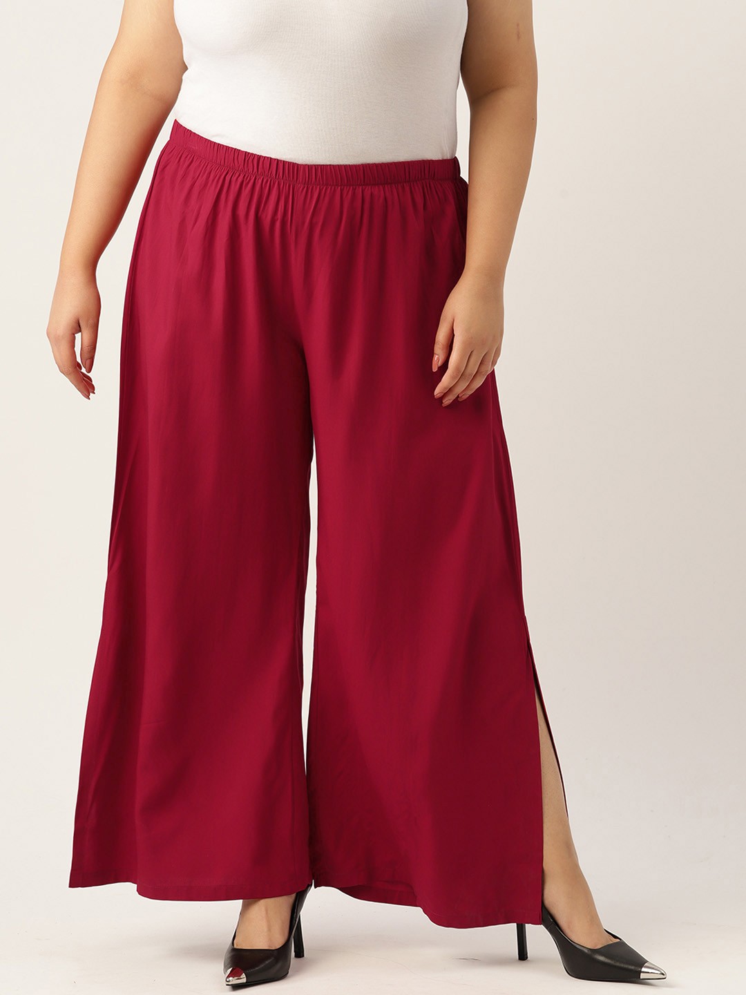 

theRebelinme Women Mid-Rise Wide Leg Plus Size Palazzos, Maroon