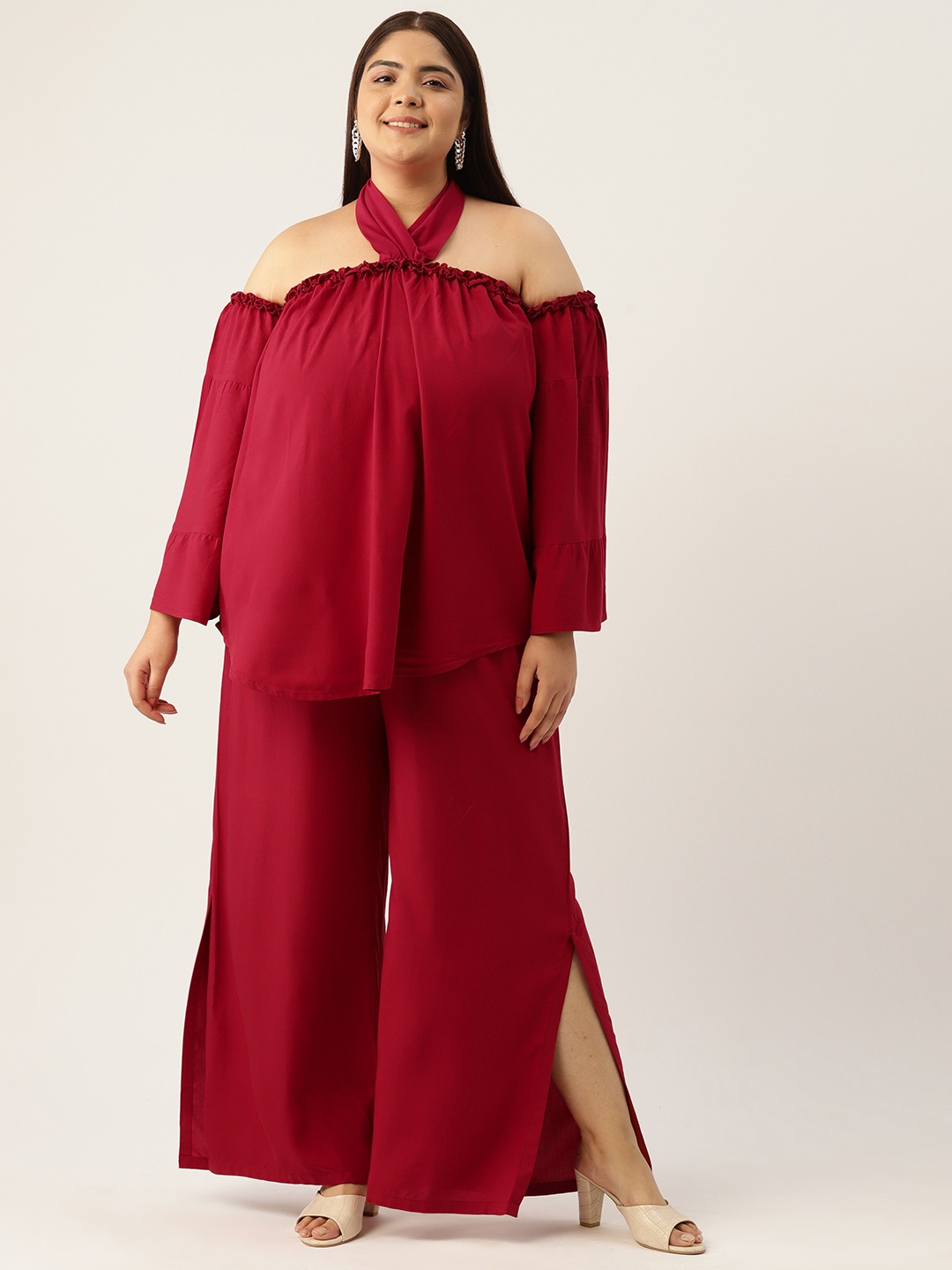 

theRebelinme Plus Size Halter Neck Longline Top with Palazzos, Maroon