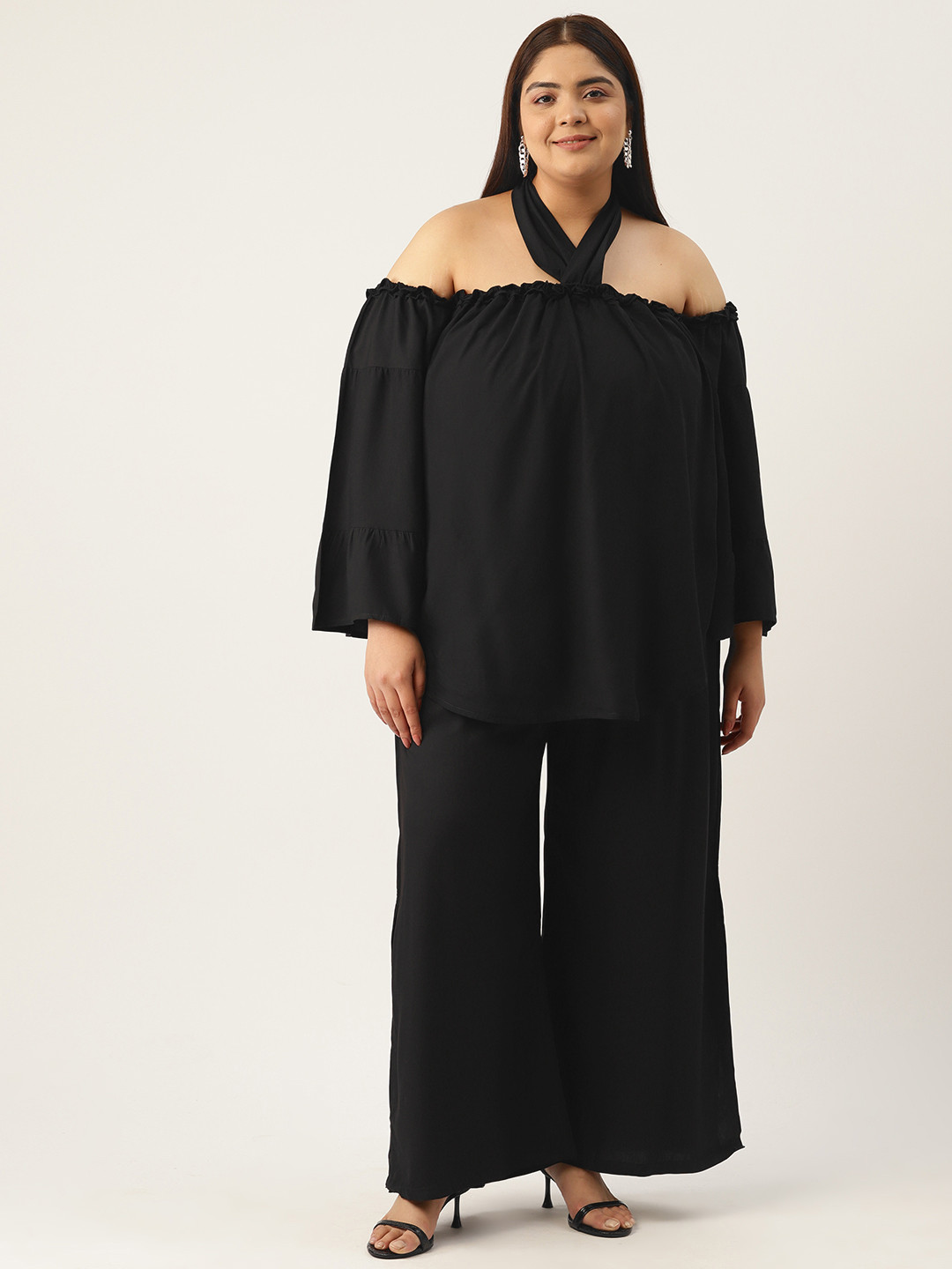 

theRebelinme Plus Size Halter Neck Longline Top with Palazzos, Black