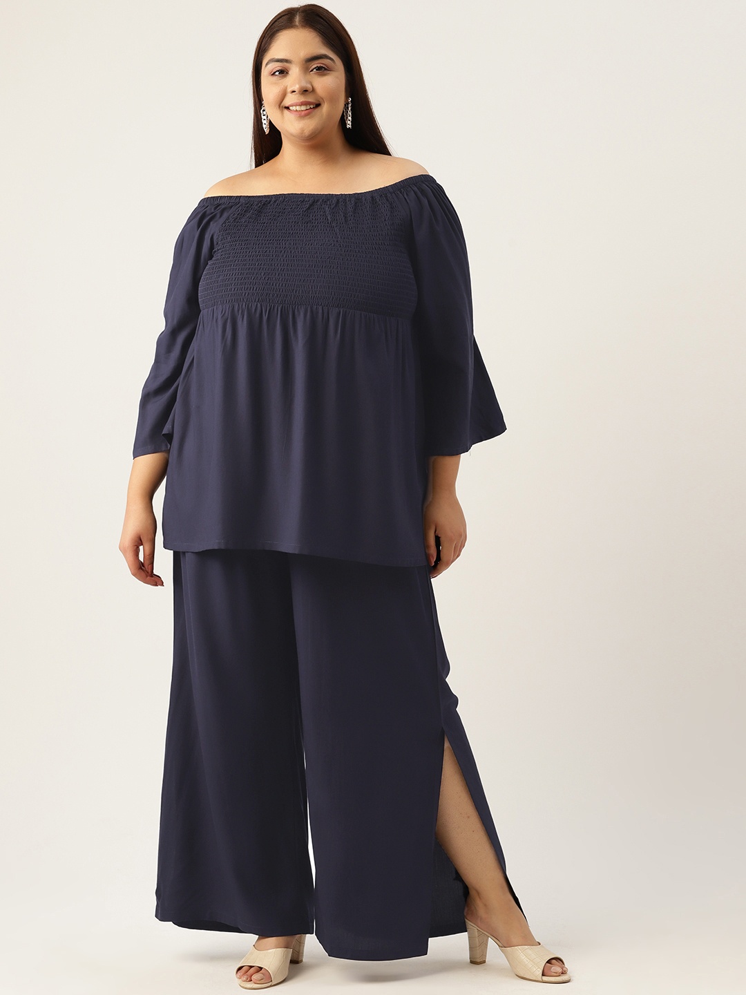 

theRebelinme Plus Size Off-Shoulder Sleeves Smocked Top with Palazzos, Navy blue