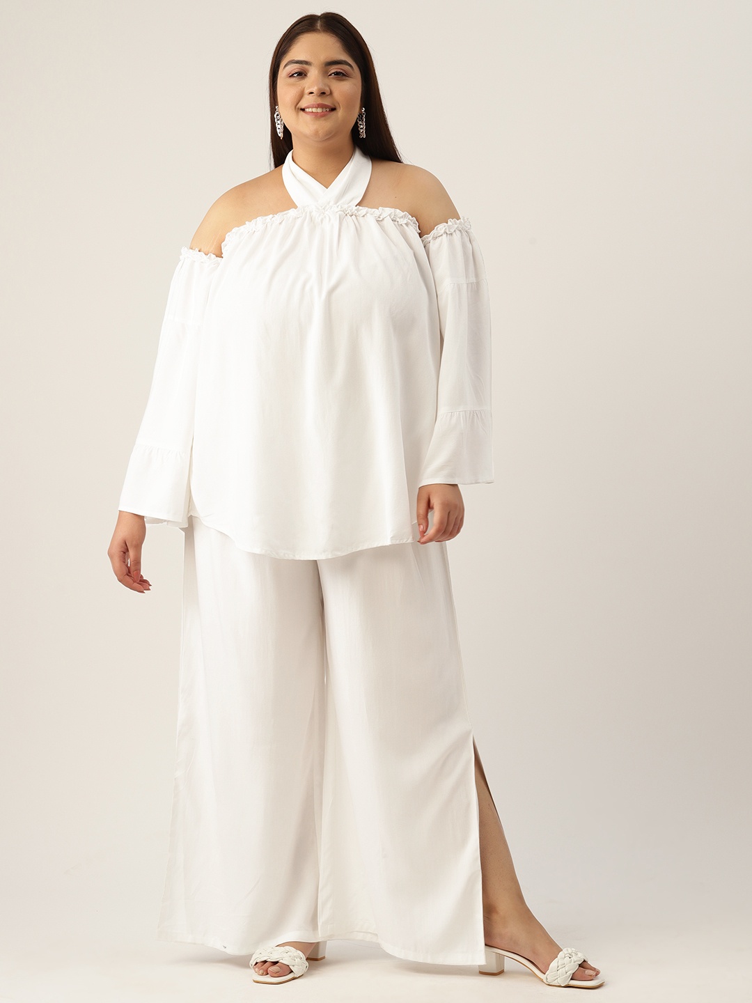 

theRebelinme Plus Size Halter Neck Longline Top with Palazzos, White