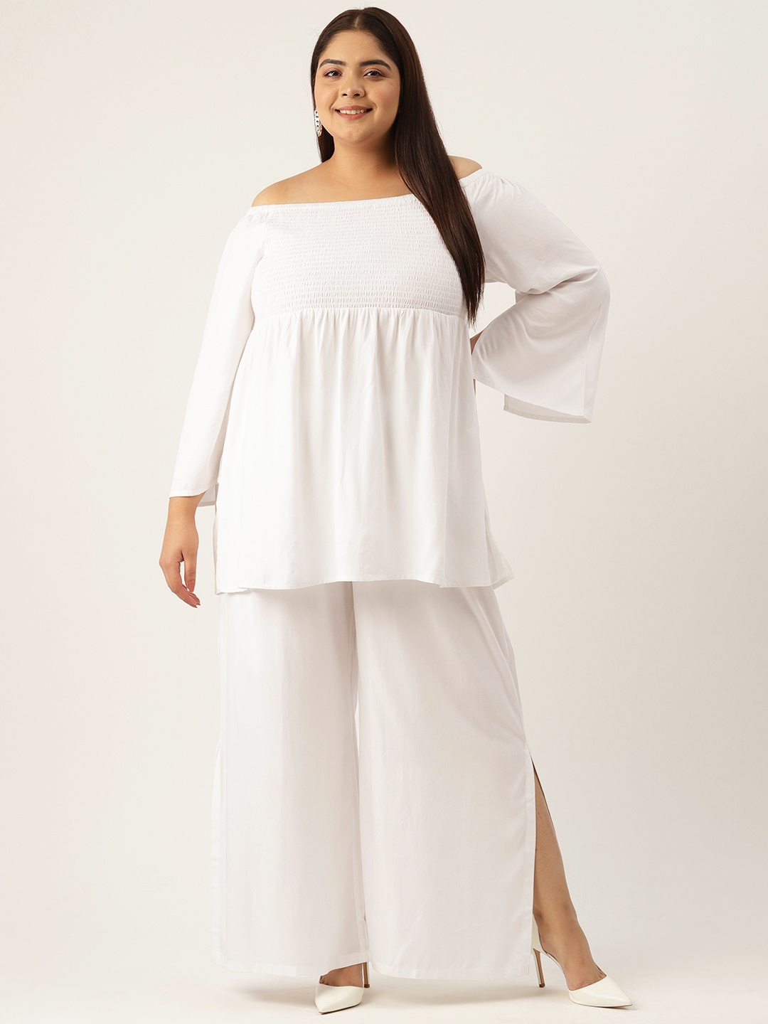 

theRebelinme Plus Size Off-Shoulder Sleeves Smocked Top with Palazzos, White
