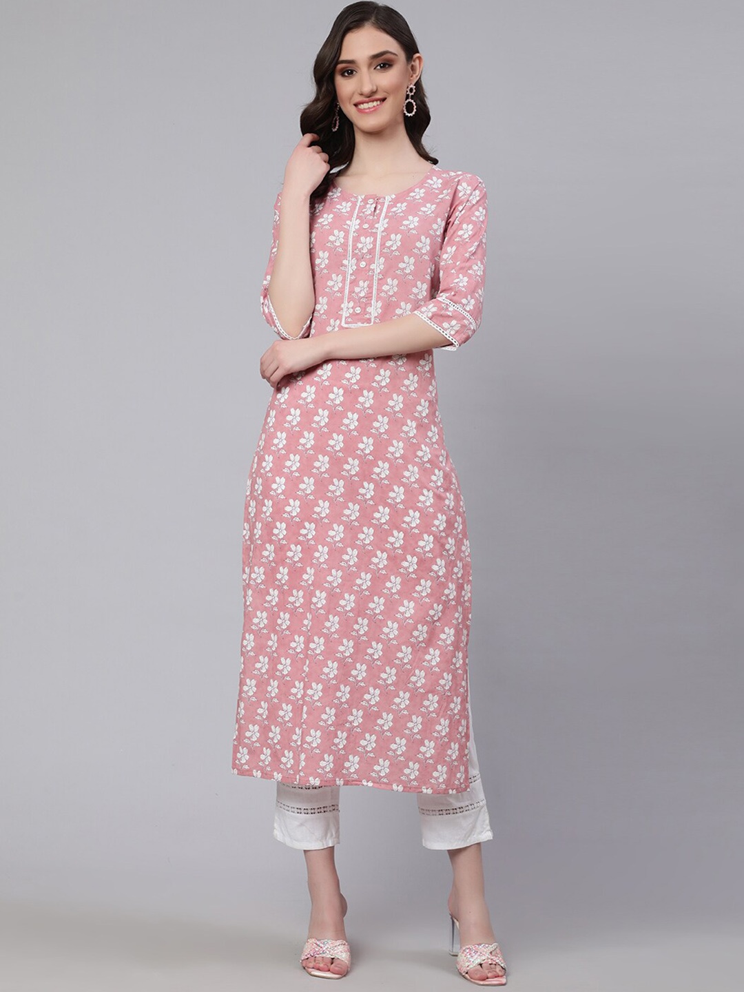 

Nayo Floral Printed Cotton Straight Kurta, Pink