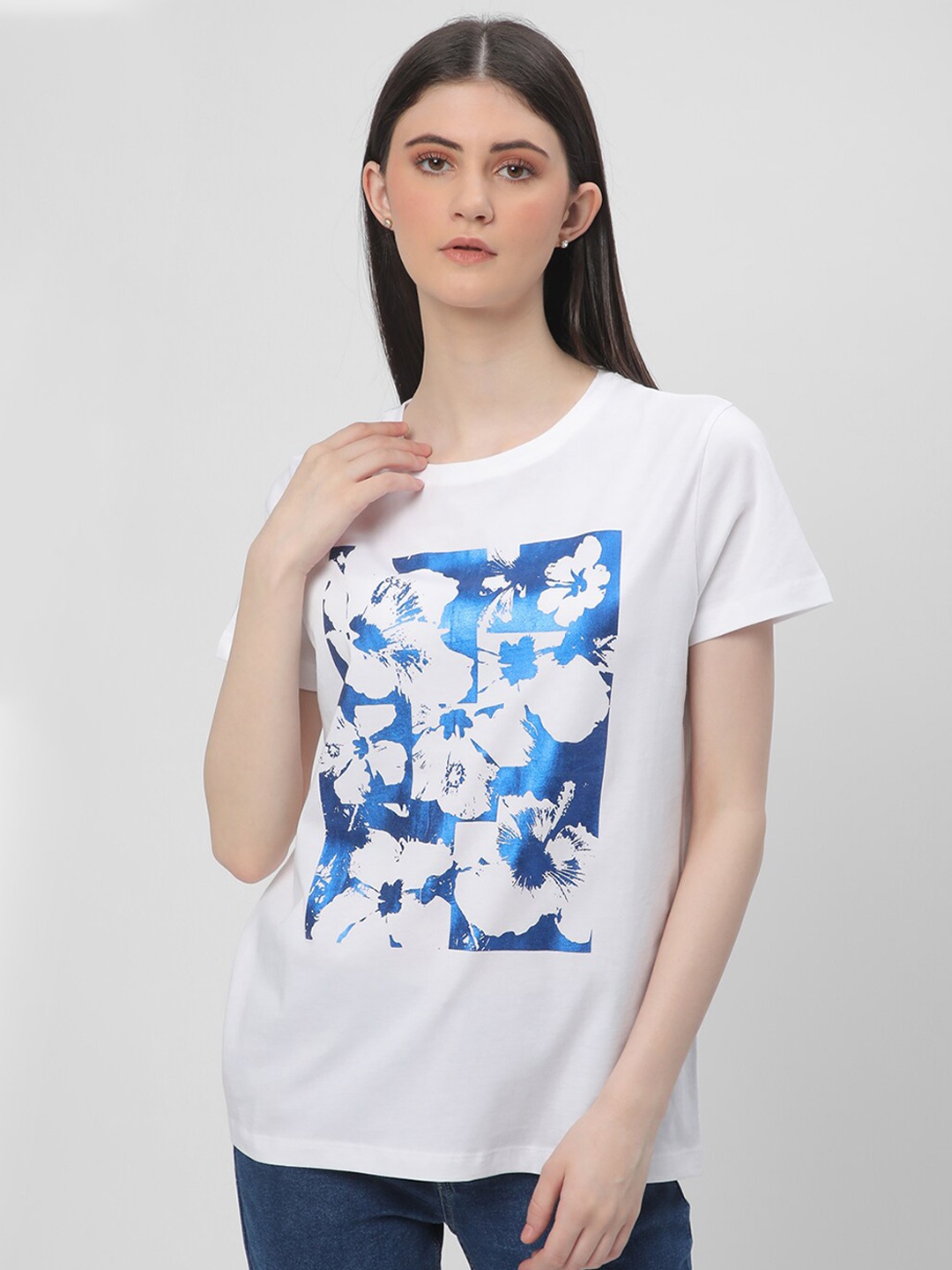 

R&B Floral Printed Cotton T-shirt, White