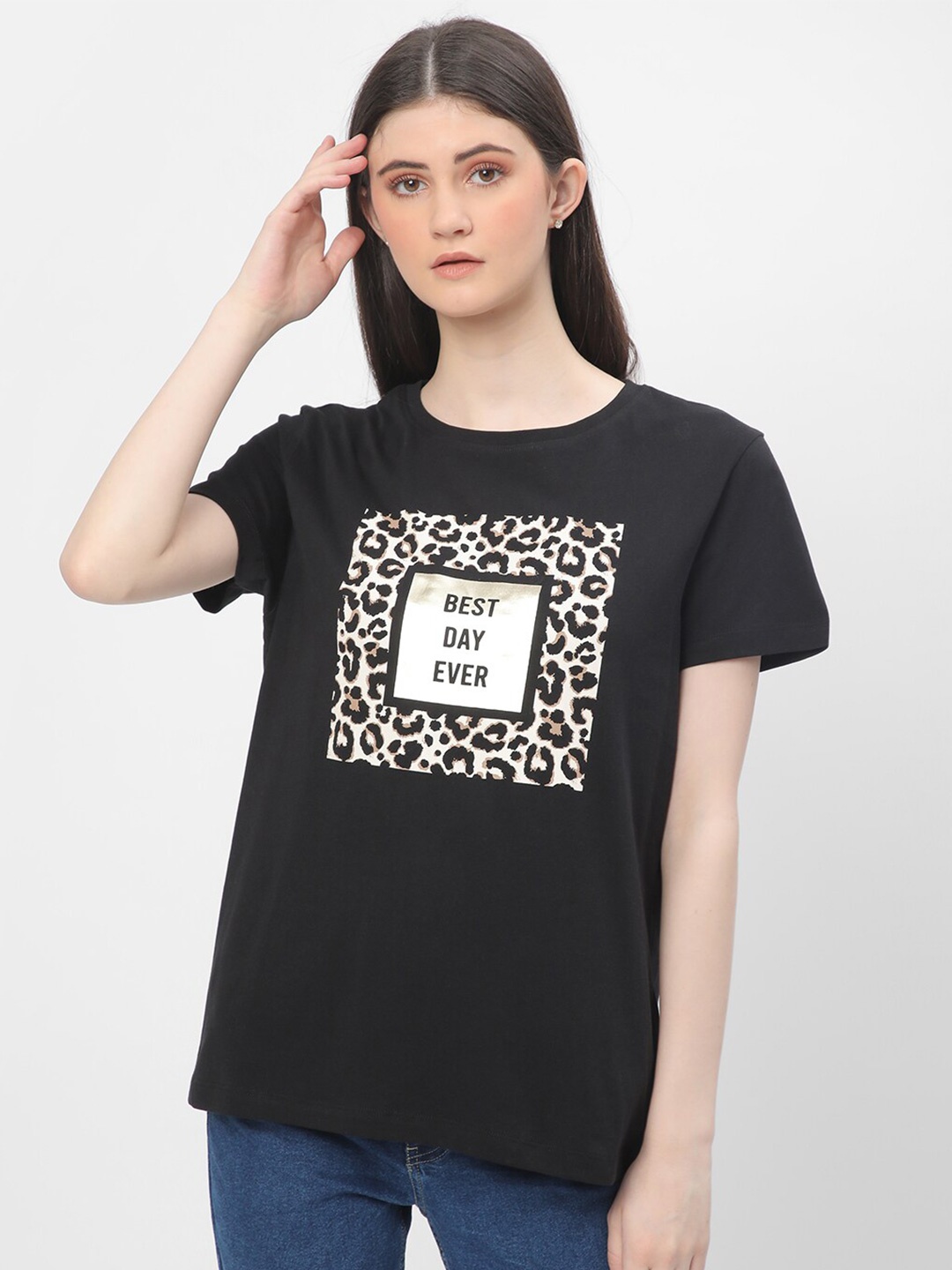 

R&B Animal Printed Regular Fit Cotton T-shirt, Black