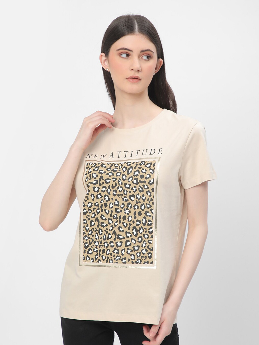 

R&B Typography Printed Cotton T-shirt, Beige
