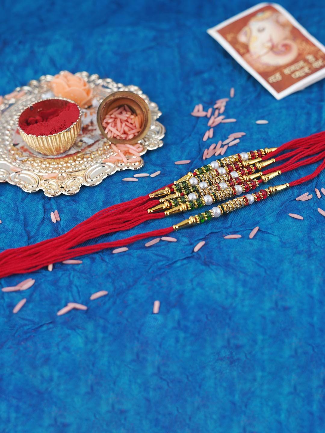 

MANSIYAORANGE Set Of 6 Cotton Kundan-Studded & Beaded Charm Rakhi, Gold