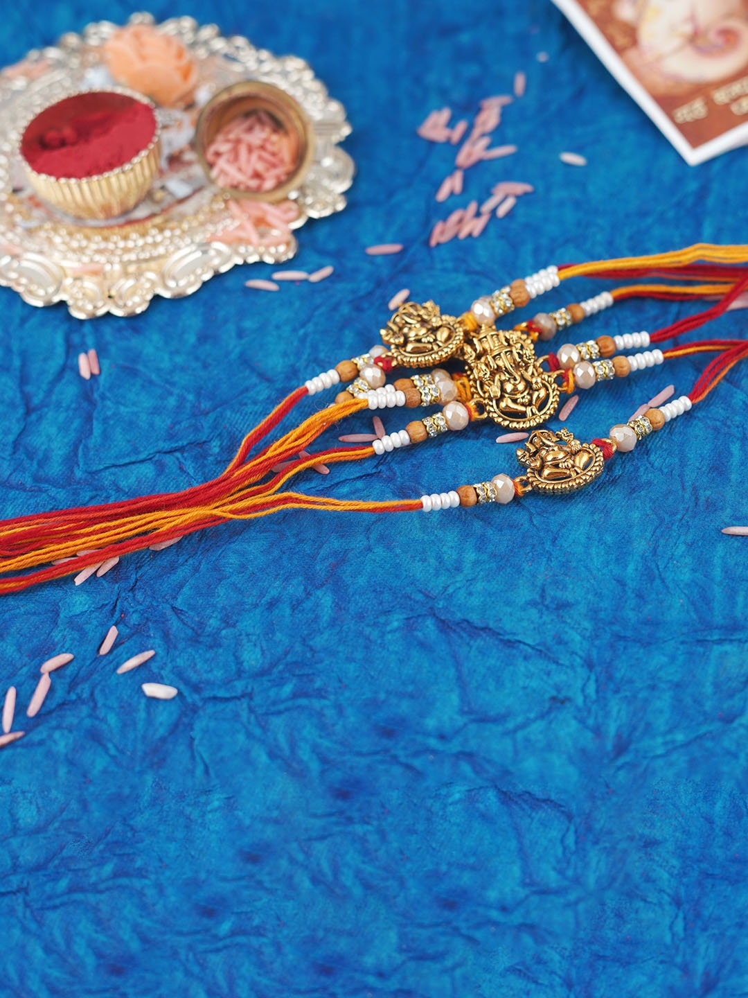 

MANSIYAORANGE Set Of 6 Gold-Plated Ganesha Charm Tie-Up Rakhis, White