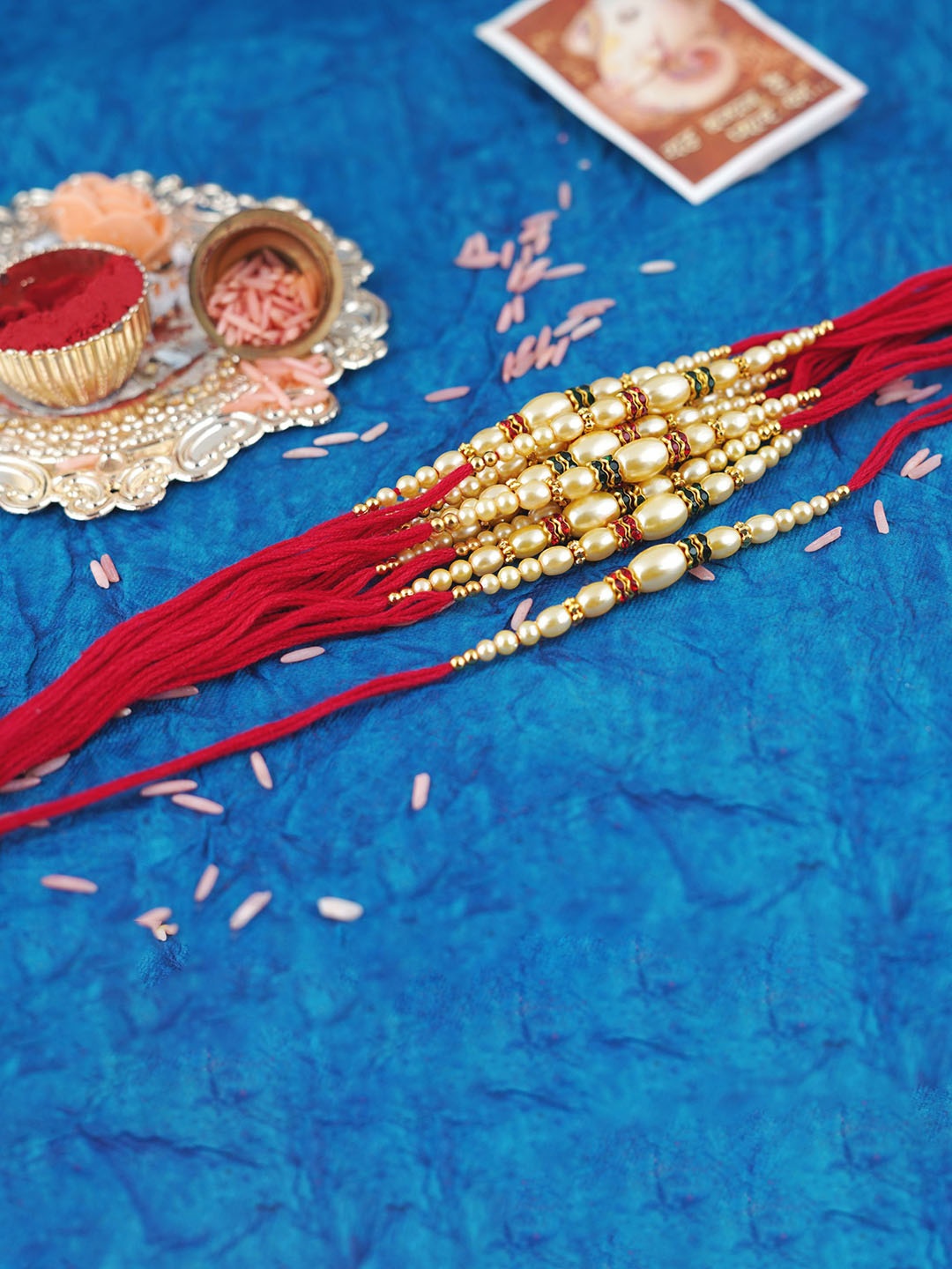 

MANSIYAORANGE Set Of 12 Elegant Cotton Thread Pearl Charm Tie-Up Rakhis, Red