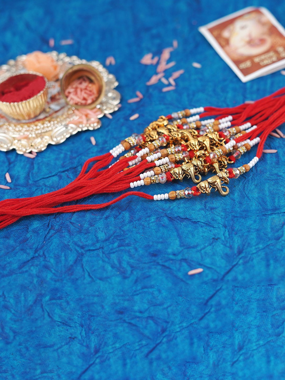 

MANSIYAORANGE Set Of 12 Elegant Ganesha Charm Tie-Up Rakhis, Gold