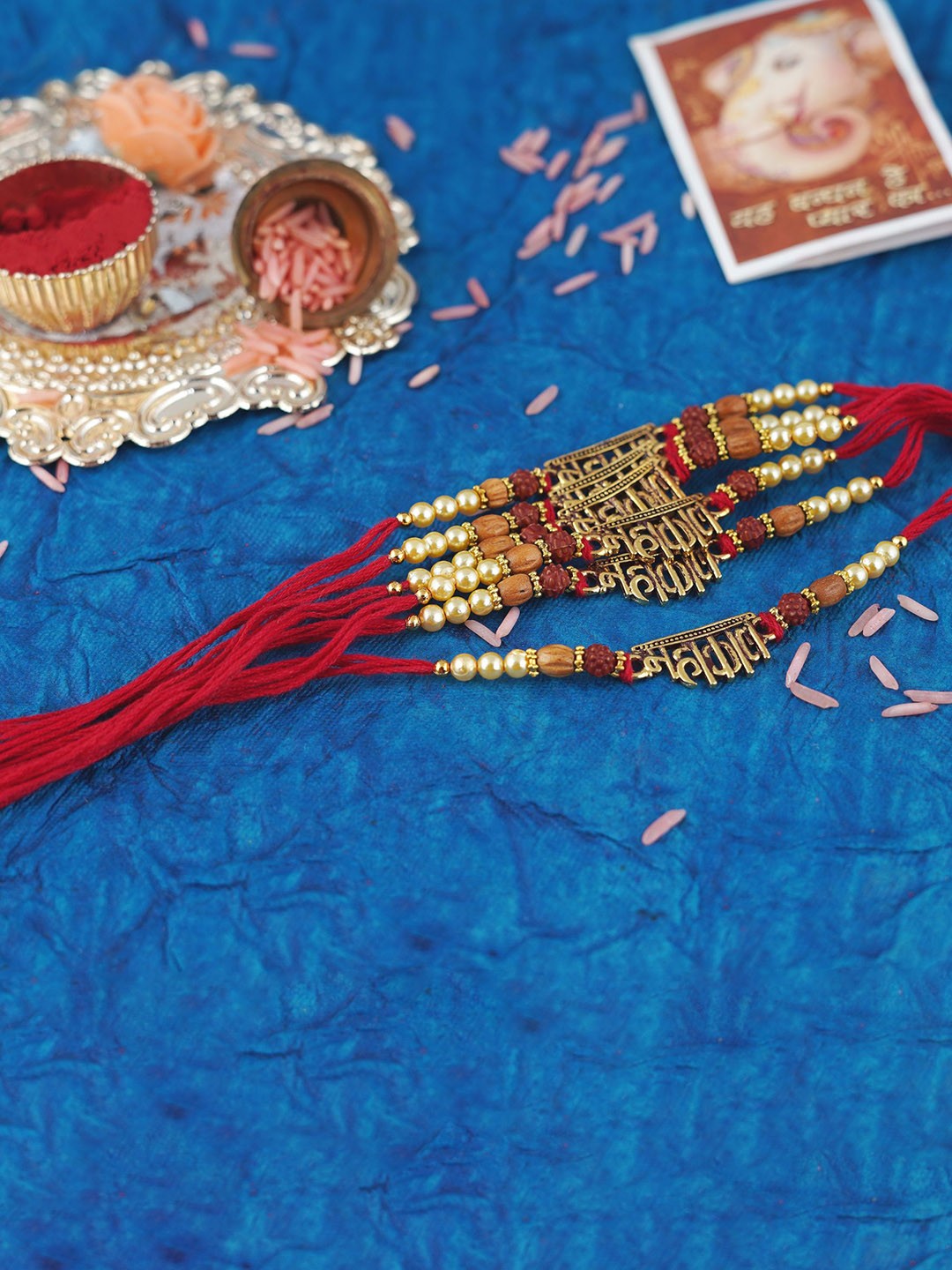 

MANSIYAORANGE Set Of 6 Elegant Cotton Thread Charm Tie-Up Rakhis, Gold