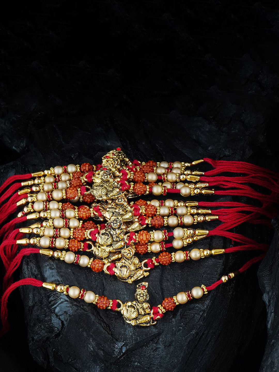 

MANSIYAORANGE Set Of 12 Gold-Plated Cotton Thread Rakhis, Red