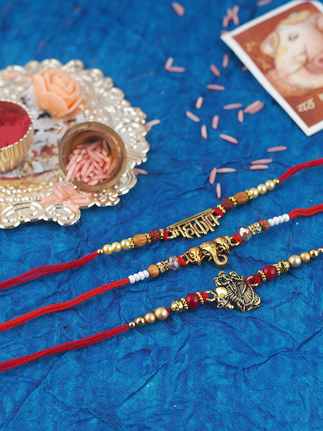 

MANSIYAORANGE Set of 3 Gold-Plated Cotton Thread Rakhis