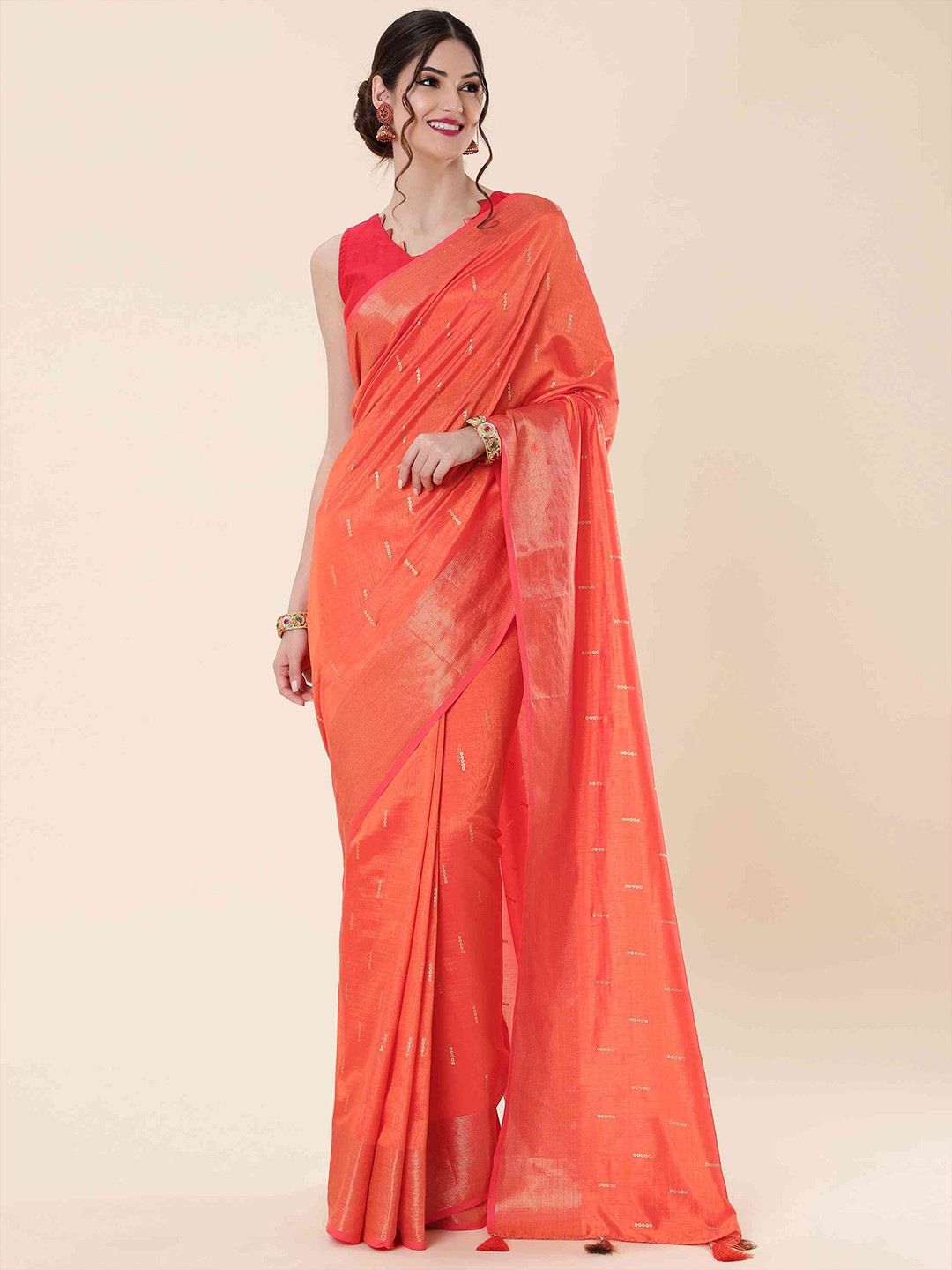 

elora Geometric Printed Zari Bhagalpuri Saree, Orange