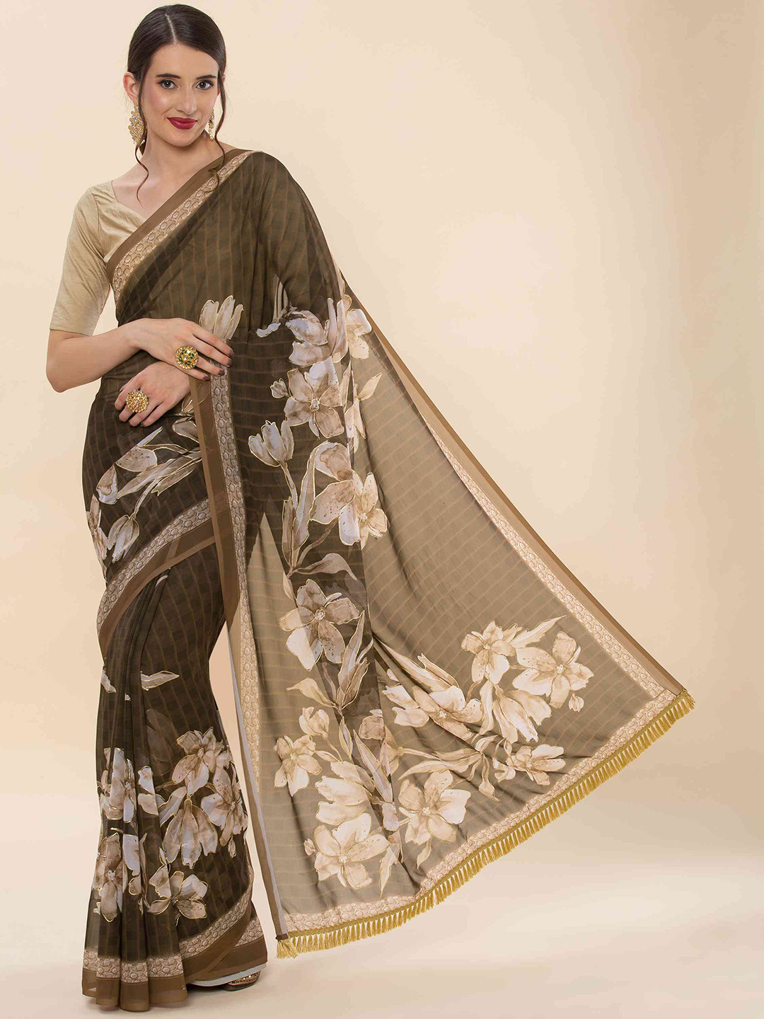 

elora Floral Poly Georgette Bhagalpuri Saree, Brown