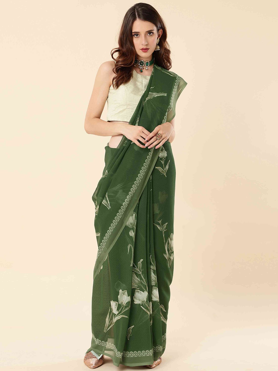 

elora Floral Poly Georgette Bhagalpuri Saree, Green