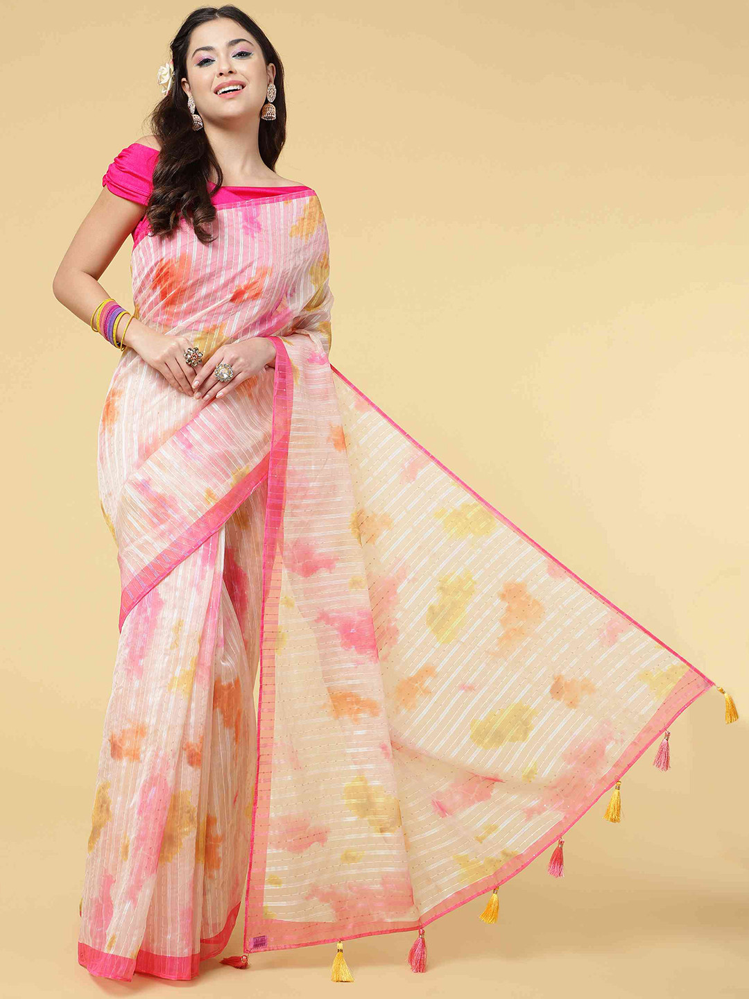 

elora Tie and Dye Organza Bhagalpuri Saree, Pink