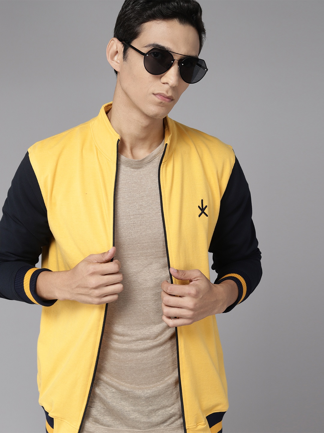 

The Roadster Life Co. Mock Collar Contrast Sleeves Bomber Jacket, Yellow