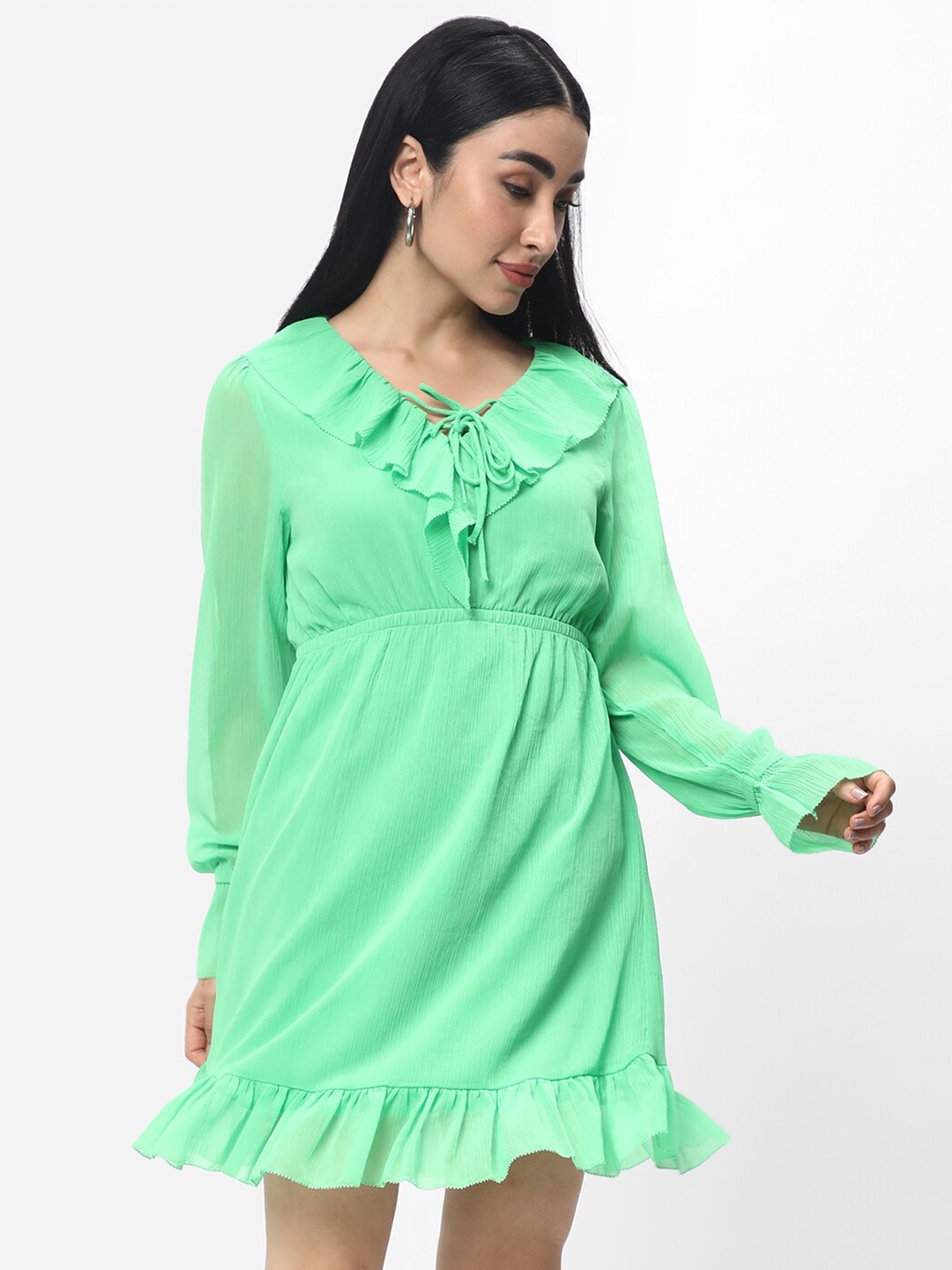 

R&B V Neck Puff Sleeve Tie Up Peplum Dress, Green
