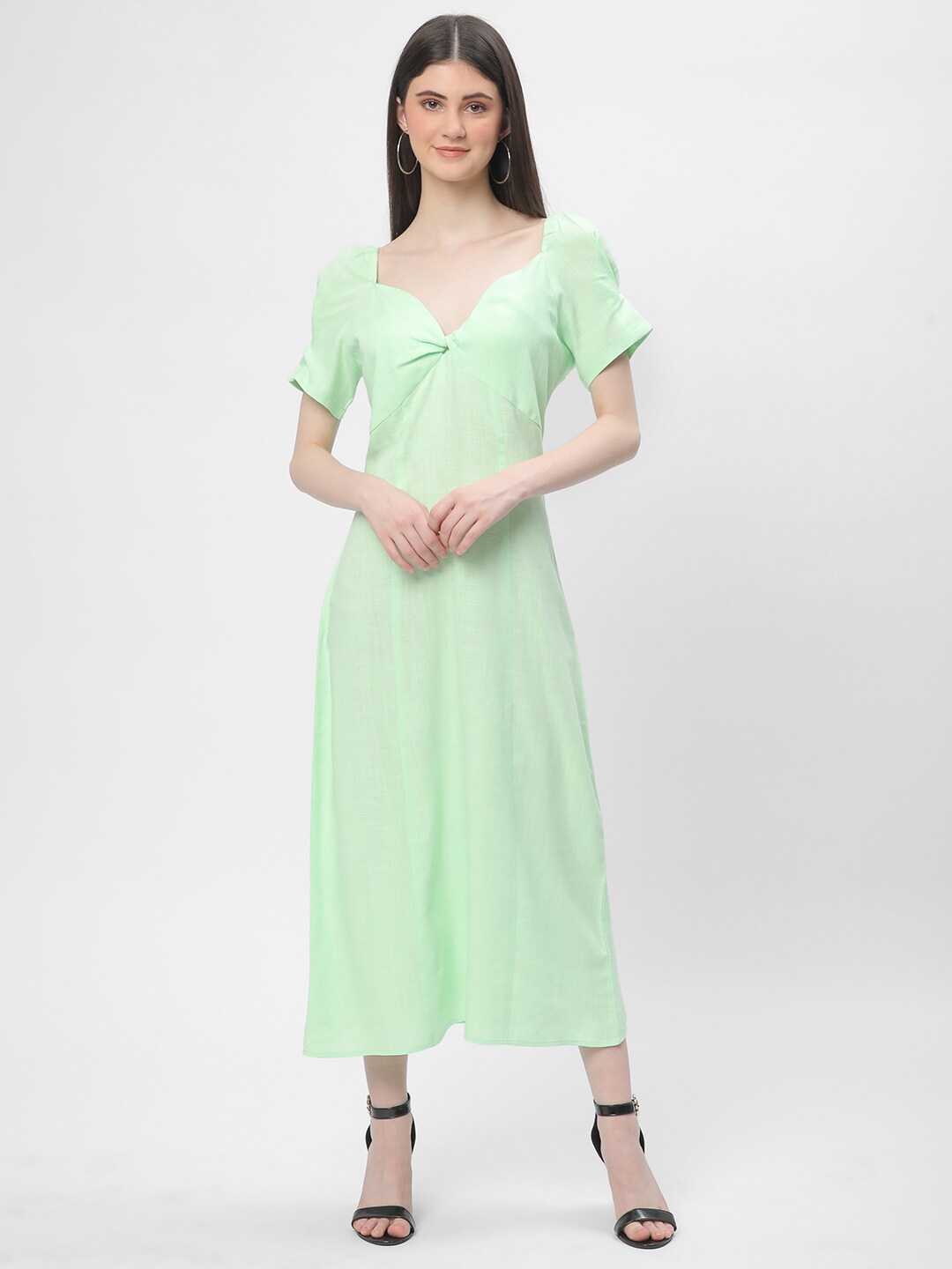 

R&B Sweetheart Neck Puff Sleeves Gathered A-Line Midi Dress, Green