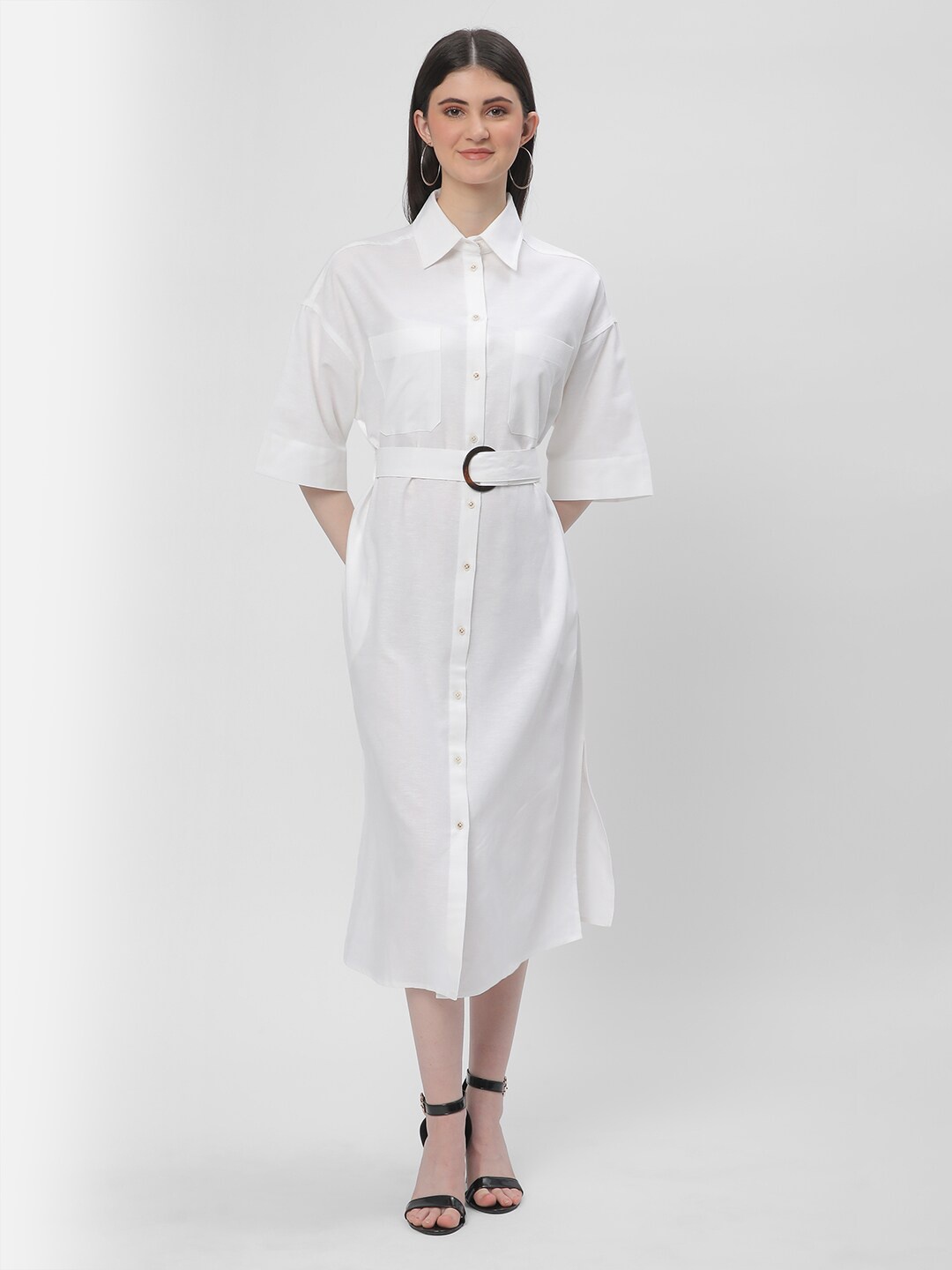 

R&B Shirt Collar Regular Sleeves Belted Shirt Dress, White