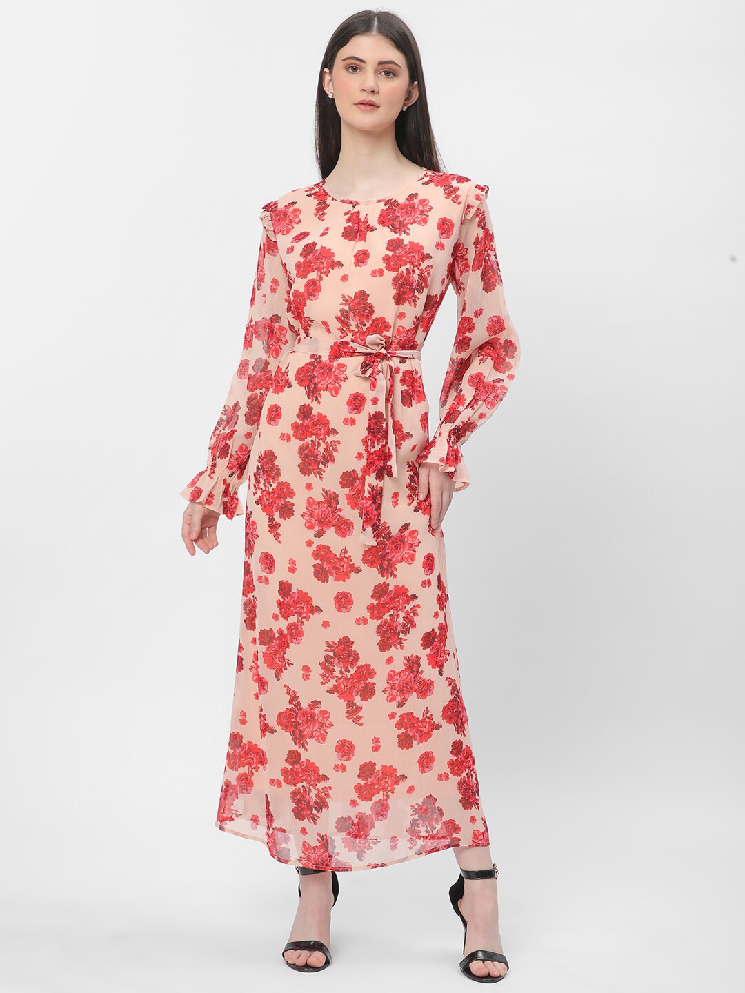 

R&B Floral Printed Round Neck Cuffed Sleeves Belted A-Line Maxi Dress, Peach