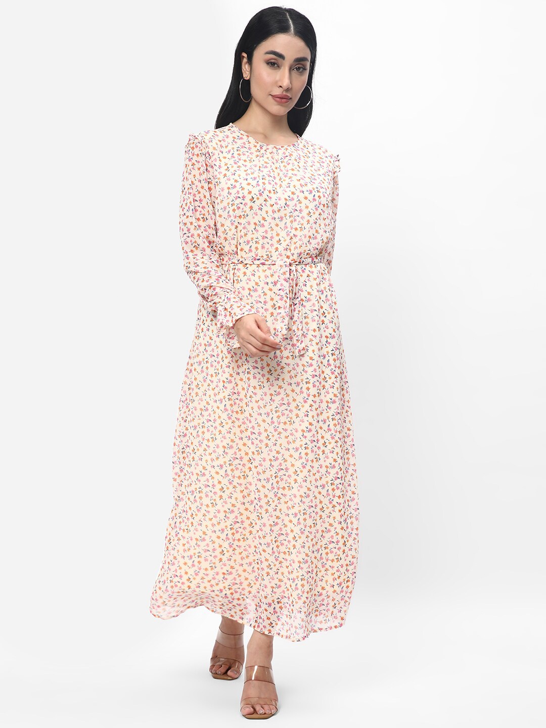 

R&B Floral Printed Round Neck Cuffed Sleeves Belted A-Line Maxi Dress, Off white