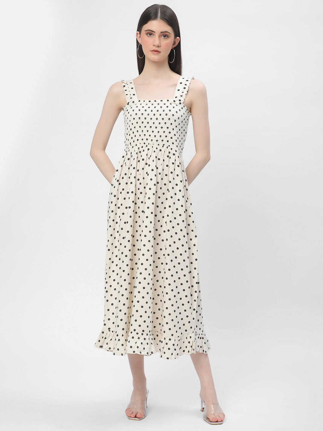 

R&B Polka Dot Printed Shoulder Straps Smocked Fit & Flare Midi Dress, White