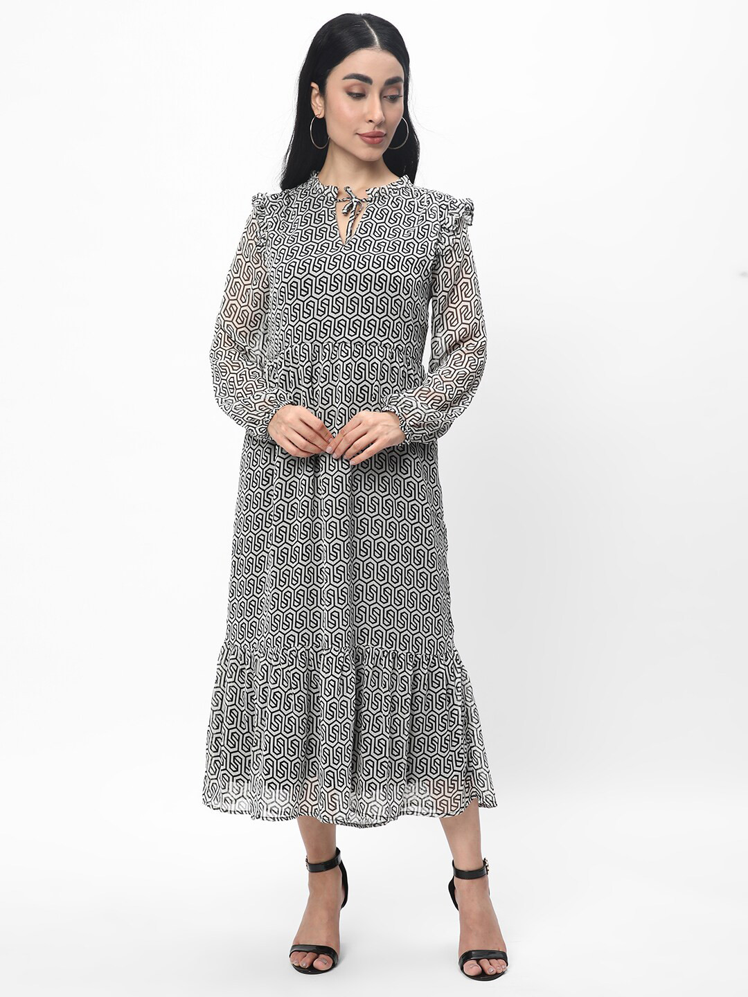 

R&B Geometric Printed Tie-Up Neck Gathered Tiered A-Line Midi Dress, Black