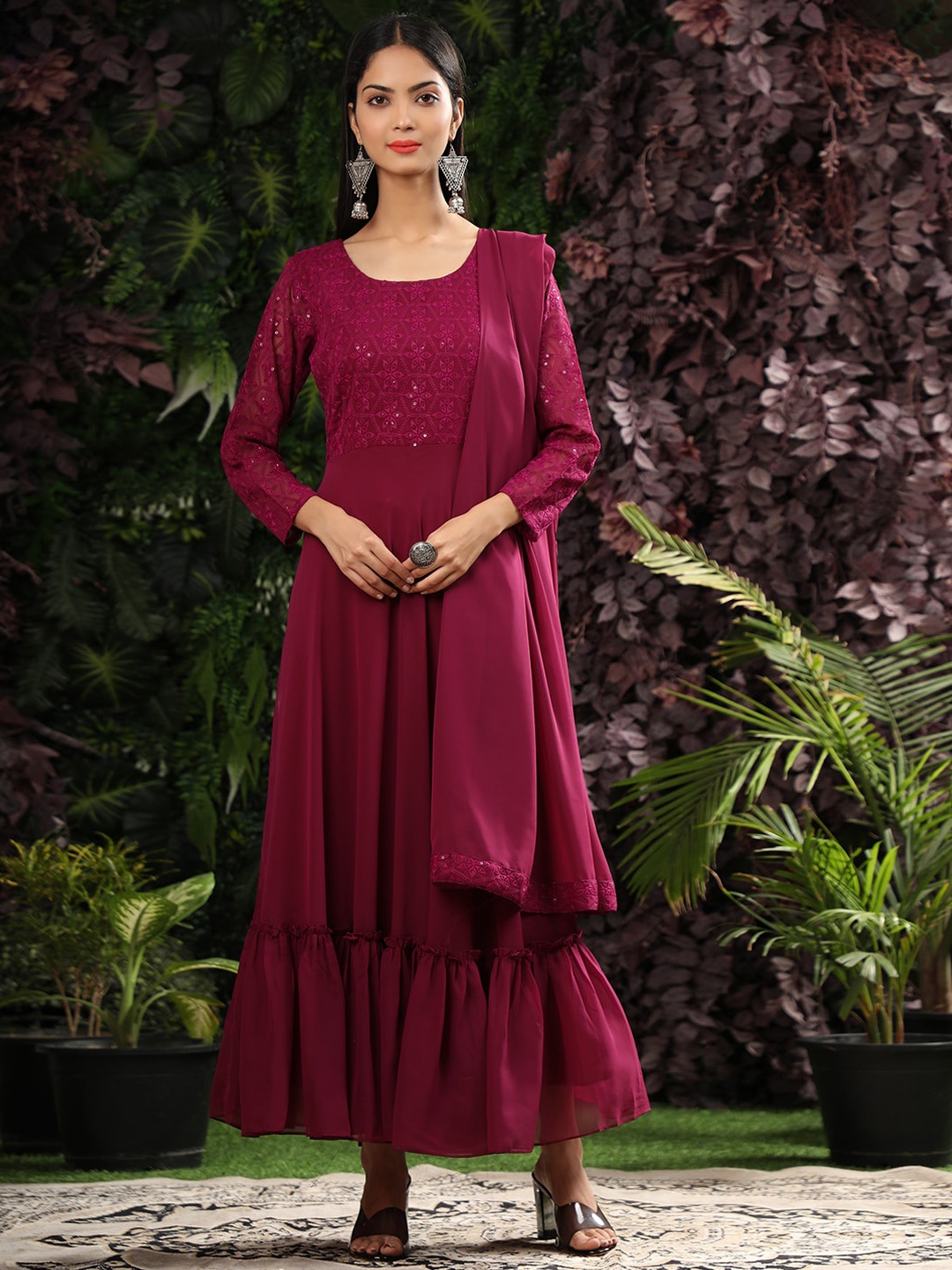 

KALINI Fit & Flared Ruffled Maxi Dress With Dupatta, Burgundy