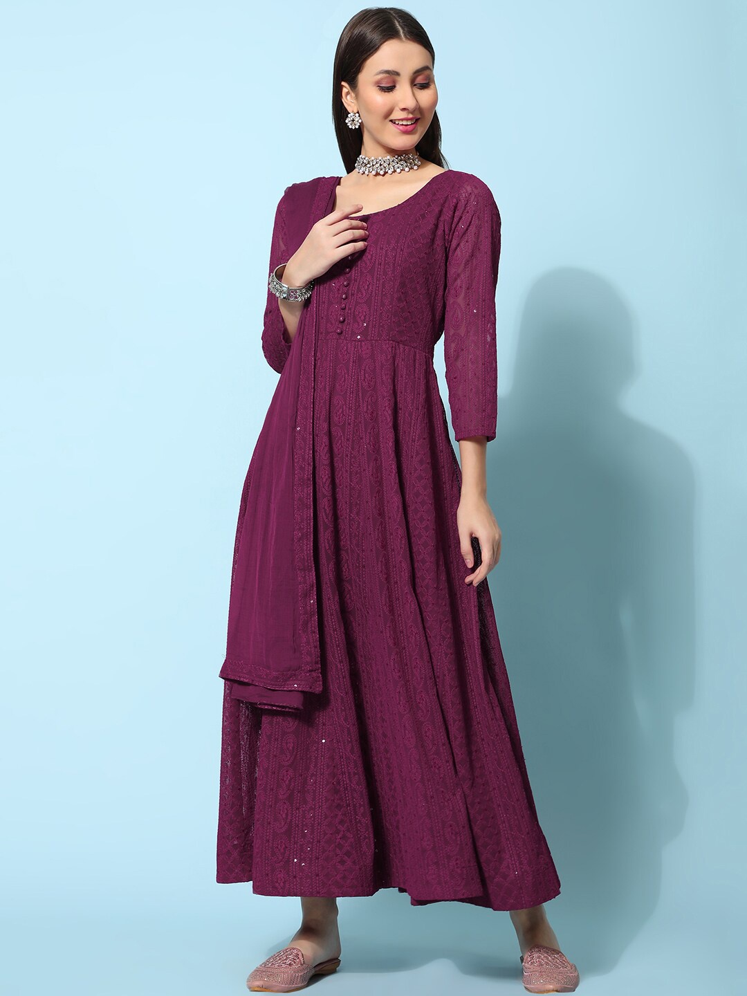 

KALINI Embroidered Fit & Flared Gown With Dupatta, Burgundy