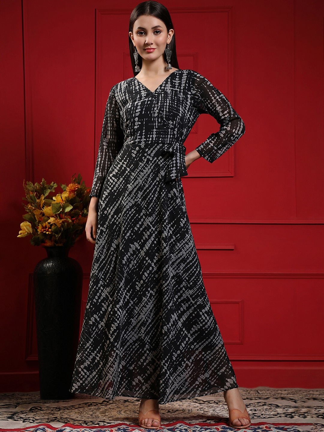 

KALINI Tie & Dyed Fit & Flare Angrakha-Style Maxi Dress, Black