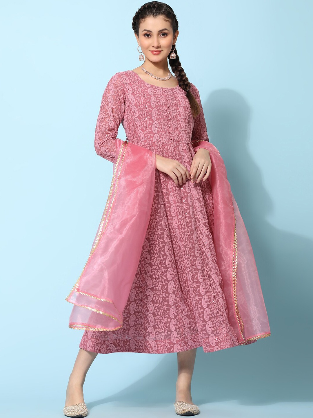 

KALINI Embroidered Chikankari Georgette Gown With Organza Dupatta, Pink