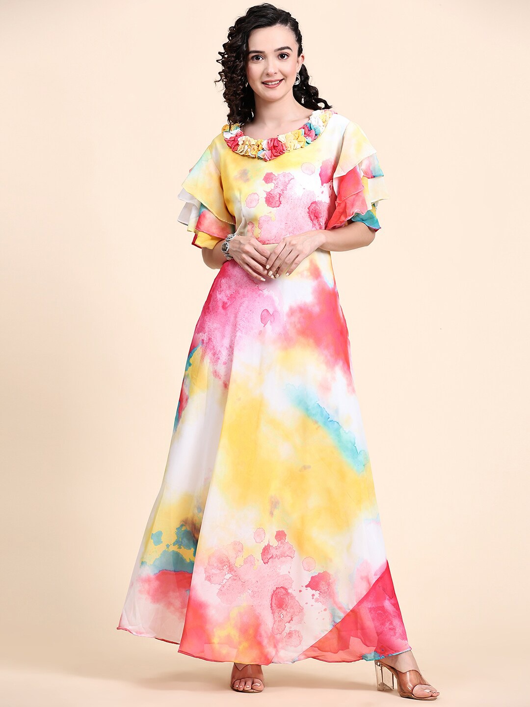 

KALINI Tie & Dye Fit & Flared Maxi Gown Ethnic Dress, Yellow