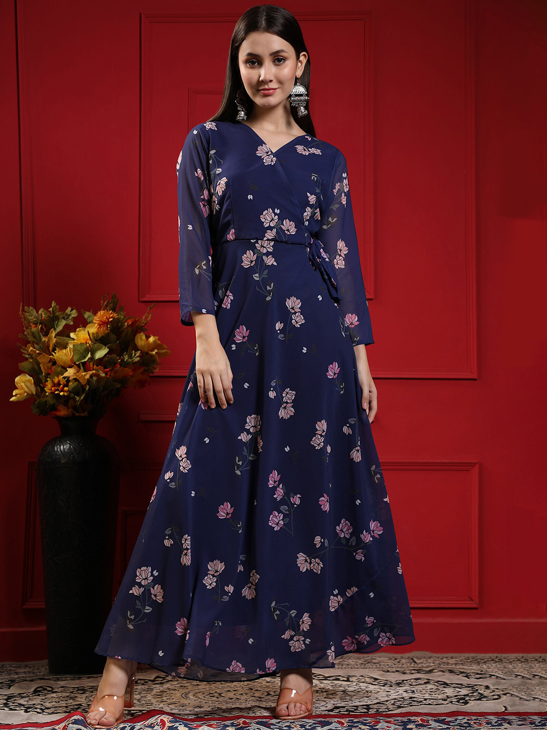 

KALINI Floral Printed Fit & Flared Angrakha-Style Maxi Dress, Navy blue