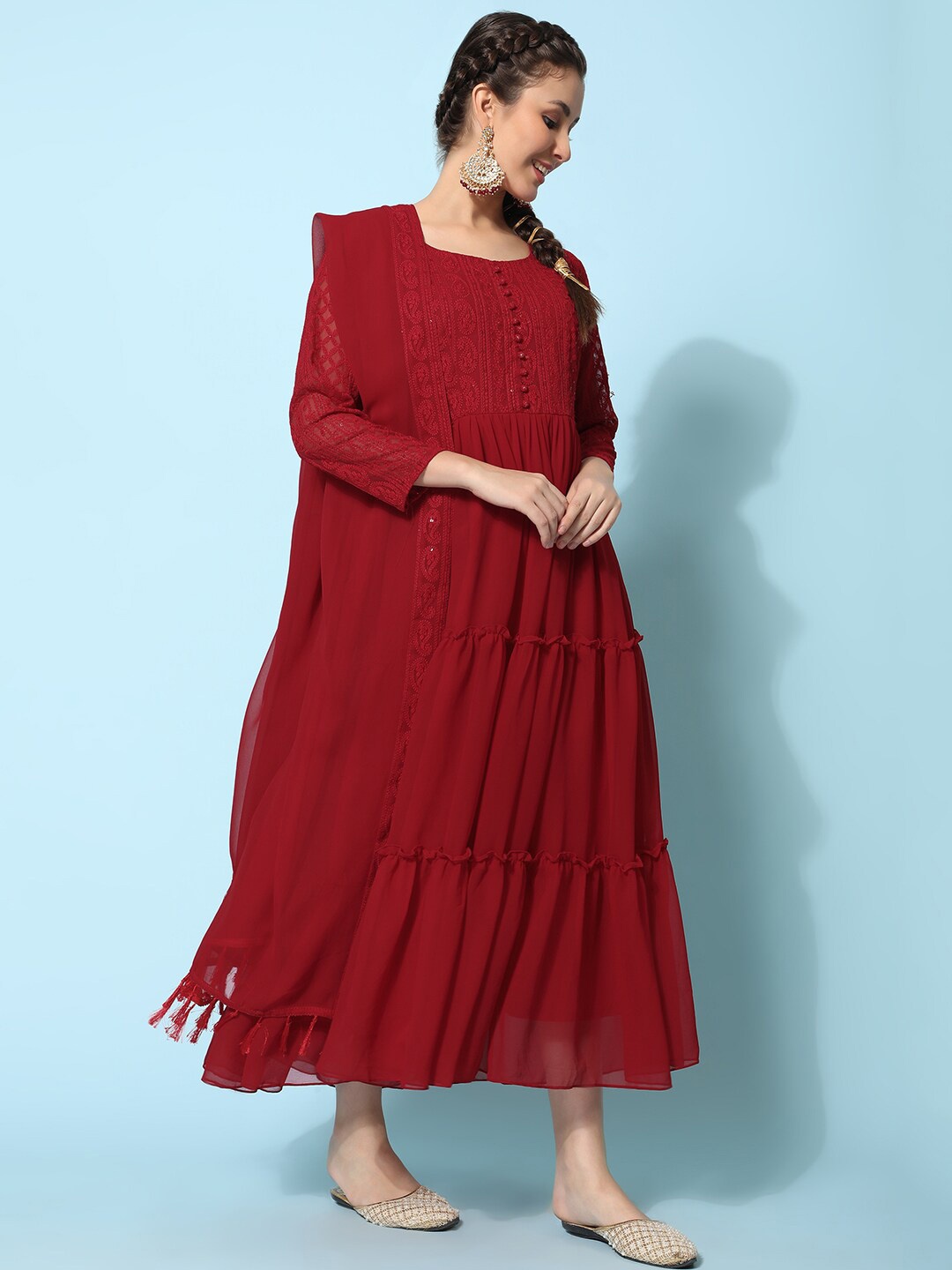 

KALINI Chikankari Embroidered Tiered Fit & Flared Ethnic Dresses With Dupatta, Maroon